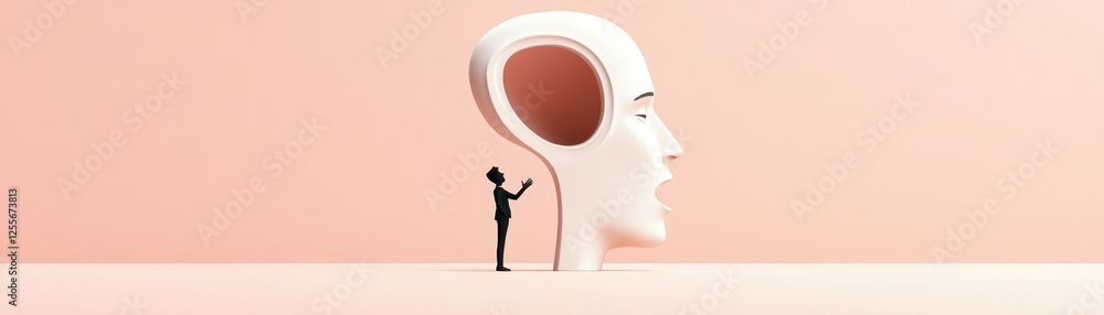 Poster a minimalist illustration of a person interacting with a large head, symbolizing introspection and c