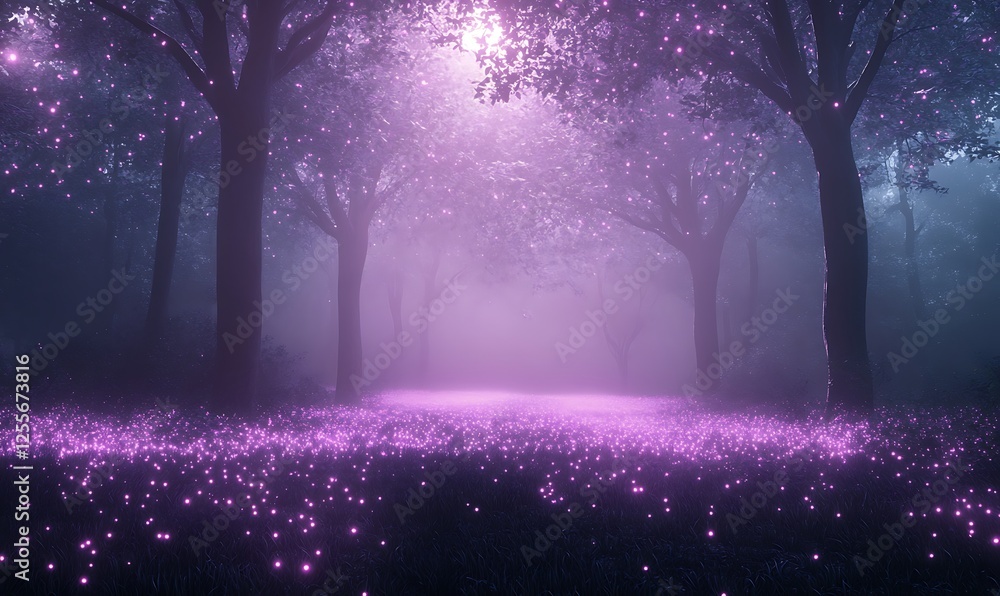 Aufkleber a mystical forest scene illuminated by purple light, featuring ethereal trees and a carpet of glowin