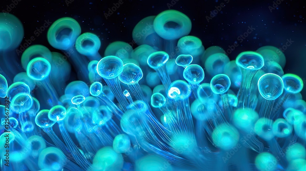 Poster coral reefs microscopic concept. close-up view of vibrant blue glowing plant structures in a surreal