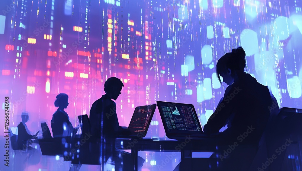 Poster data analysts working on computer screens displaying financial charts and codes at night