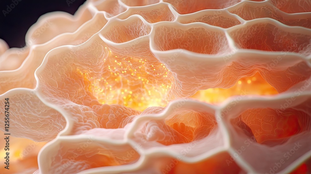 Poster Coral reefs microscopic concept. Abstract image showcasing intricate cellular structures and vibrant colors.