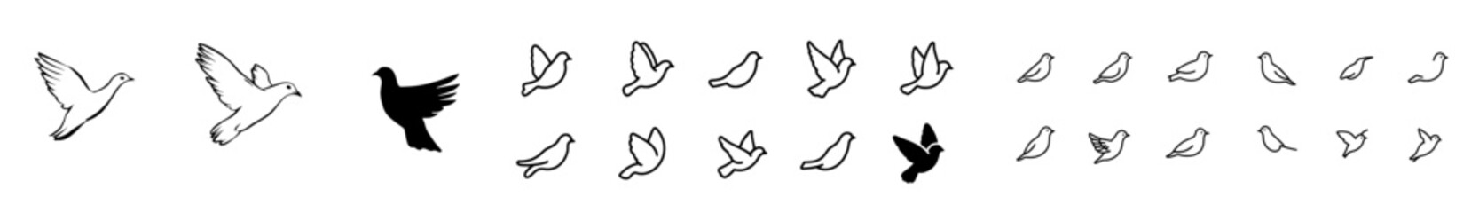 A set of dove outlines in isolated line art style, created as a modern hand-drawn illustration
