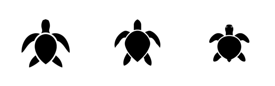 A contemporary turtle marine animal outline icon with an isolated silhouette of a marine mammal and fish against a white backdrop