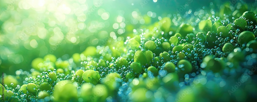 Aufkleber marine life microscopic idea. macro view of vibrant, green moss covered in dew droplets reflecting l
