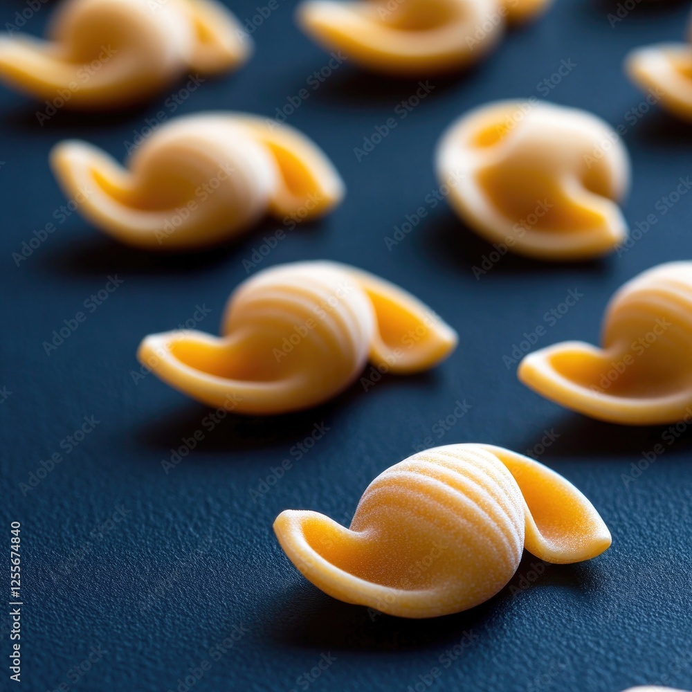 Poster curved pasta pieces arranged in neat rows create an appealing vi