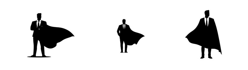 A superhero businessman is隐身hidden by his shadow silhouette as a cape-clad hero