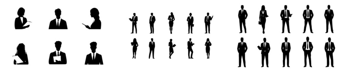 Silhouette of business professionals - men and women dressed formally, a few with clipboards in hand