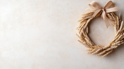 Rustic dried wheat wreath with ribbon against neutral background