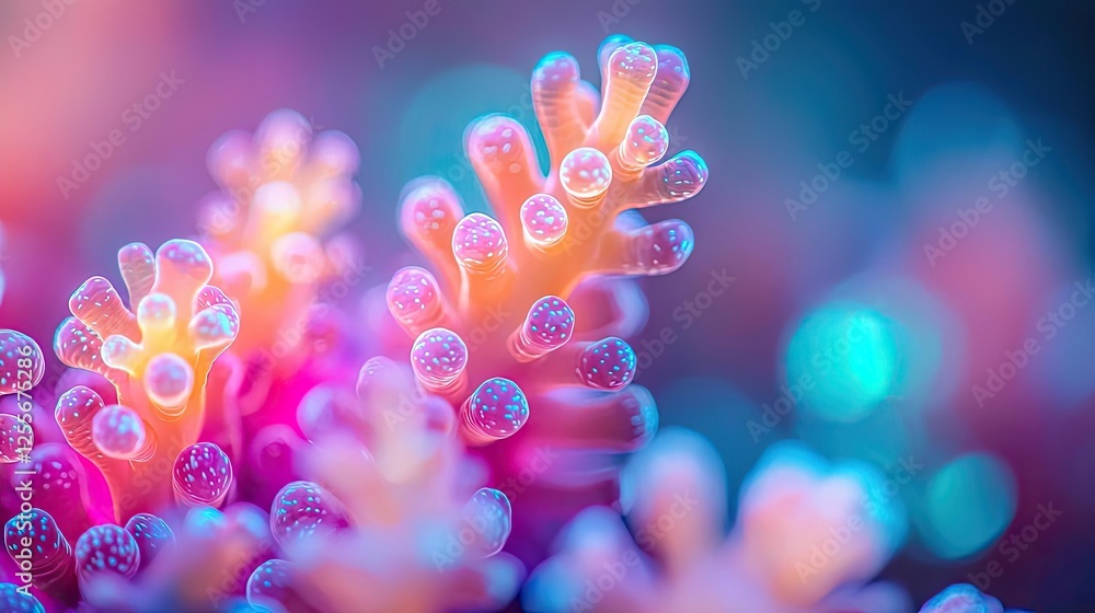 Poster coral reefs microscopic concept. vibrant coral close-up showcasing colorful polyps and intricate tex