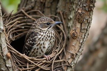 Obraz premium Adorable Spotted Bird Chick in Nest Wildlife Close up Nature Photography
