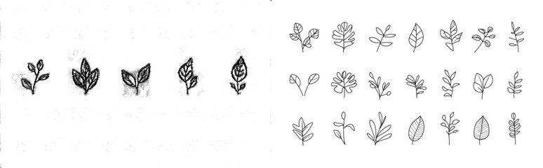 1. A collection of uniquely hand-drawn leaves on a white background, featuring modern monochrome floral elements suitable for logos, postcards, tattoos, design, and corporate identity