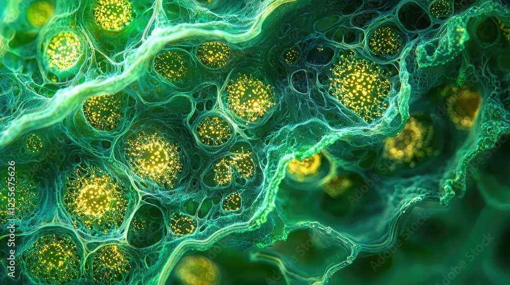 Poster microscopic ocean life idea. close-up view of vibrant green cells exhibiting intricate structures an