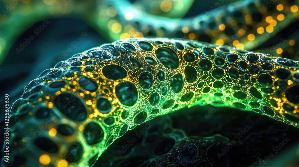Poster microscopic ocean life idea. abstract close-up of luminous green and yellow bubbles on a dark surfac