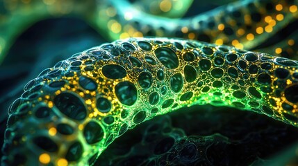 Microscopic ocean life idea. Abstract close-up of luminous green and yellow bubbles on a dark surface.