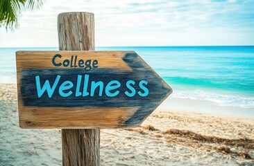 Wooden signpost on beach points to College Wellness.