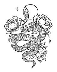 Ausmalbild mit Schlange und Pfingstrosen - Jahr der Schlange Design mit Mond und Sternen. Tattoo Outlines.