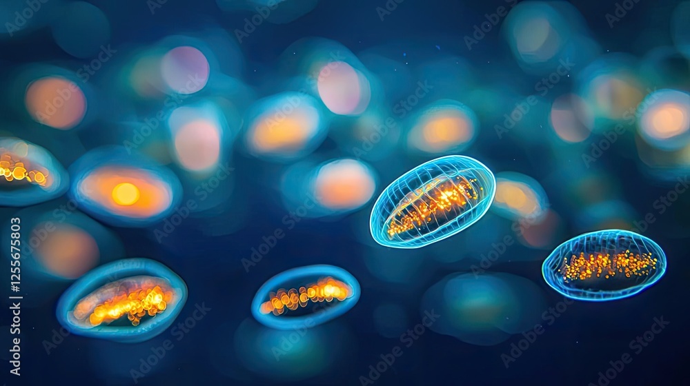 Poster microscopic ocean life idea. microscopic view of vibrant plankton glowing in deep ocean waters.