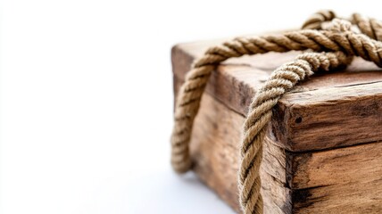 Rustic wooden gift box tied with thick rope on white background