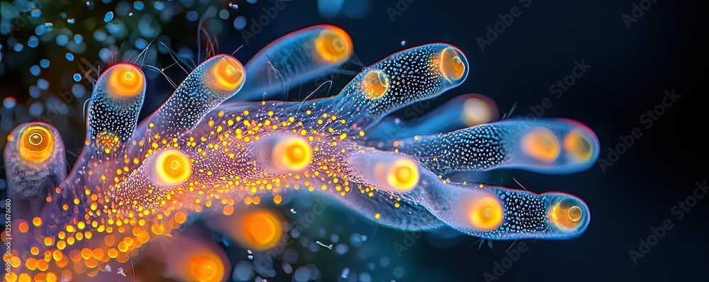 Poster microscopic ocean life idea. close-up of vibrant bioluminescent coral with glowing elements in a dar