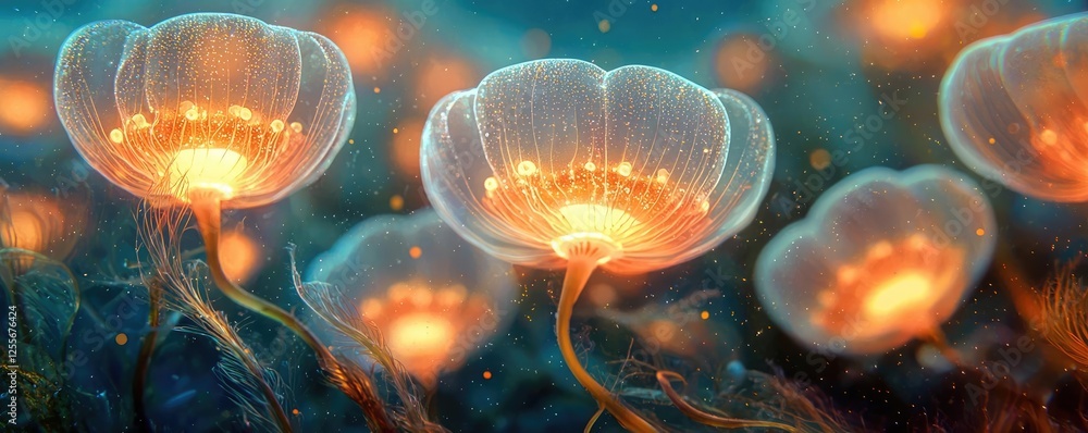 Poster microscopic ocean life idea. enchanting glowing plants illuminate the underwater world, creating an 