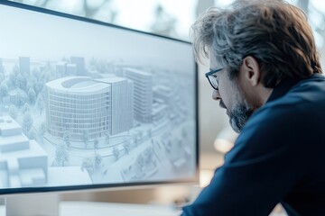 Focused designer analyzing architectural model on modern compute