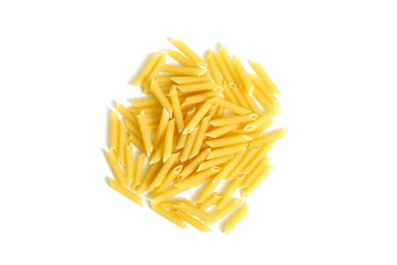 A pile of dry pasta lies on a white background.