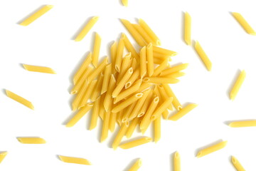A pile of dry pasta lies on a white background.
