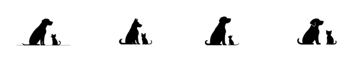 Dog with her puppy silhouette isolated on white background. Modern image