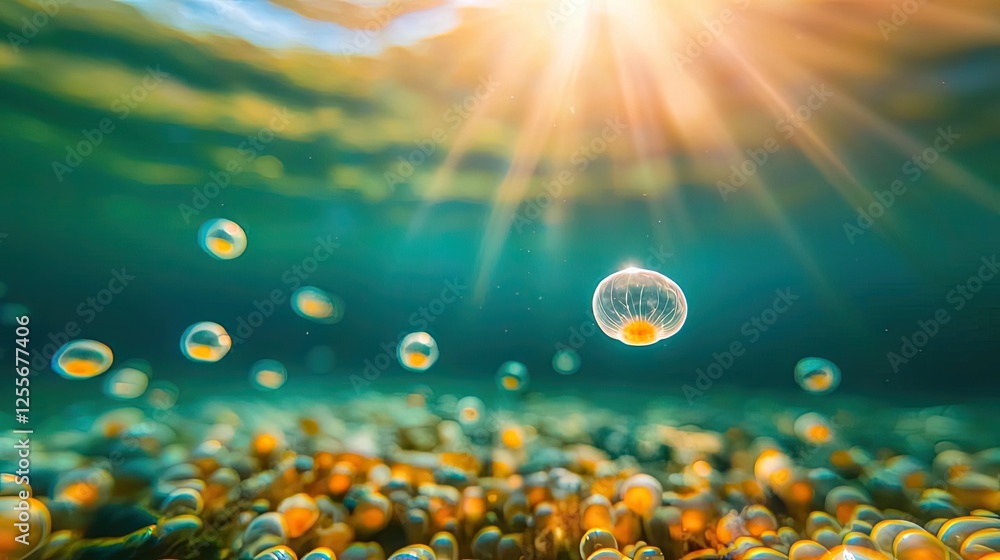 Poster Microscopic ocean life idea. Underwater scene with bubbles and sunlight creating a serene atmosphere.