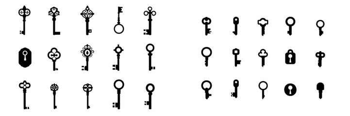 A modern set comprising a vintage key skeleton and keyhole silhouette, with a heart-shaped black key isolated on a white background