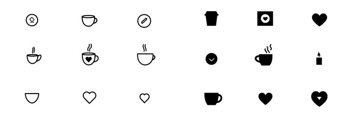 A range of cute cartoon coffee cups adorned with hot coffee outlines and stroke designs, and round bottoms shaped like coffee beans, perfect as modern icons for menu covers and background