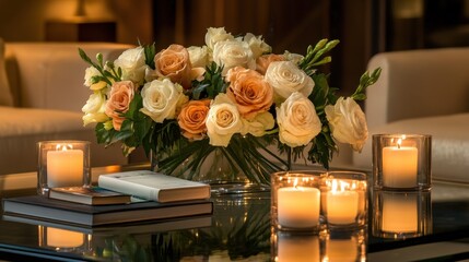 Obraz premium Elegant glass coffee table styled with books, candles, and a minimalist floral arrangement.