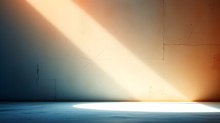 Abstract artwork depicting a strong hard light effect, a color gradient shifting from natural earth tones to cool blues and whites. The rough background texture incorporates grainy noise and grungy el