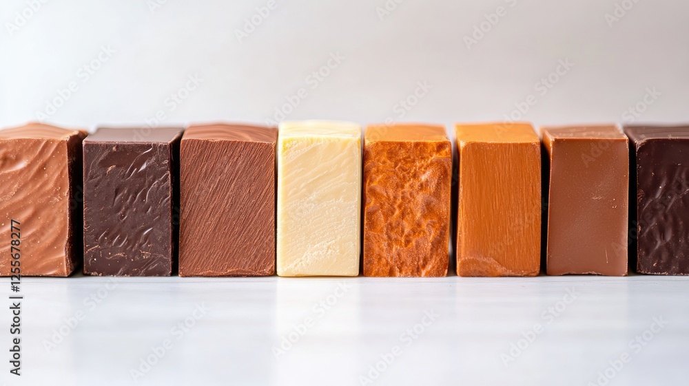 Poster assorted chocolate blocks arranged in row on white surface