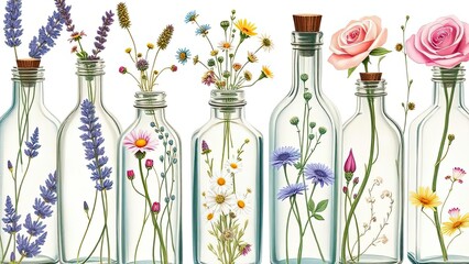 Glass Bottles with Wildflowers Roses Botanical Illustration Spring Decor