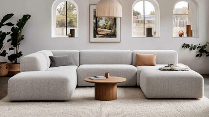 Modern Minimalist Living Room Featuring Sectional Sofa With Stylish Wooden Coffee Table