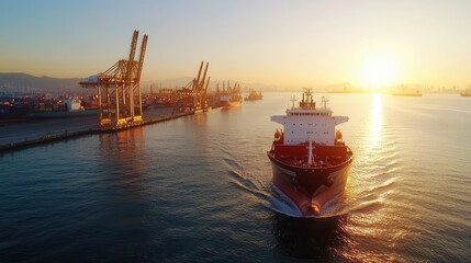 Fototapeta premium Cargo shipping operations port logistics aerial view sunset