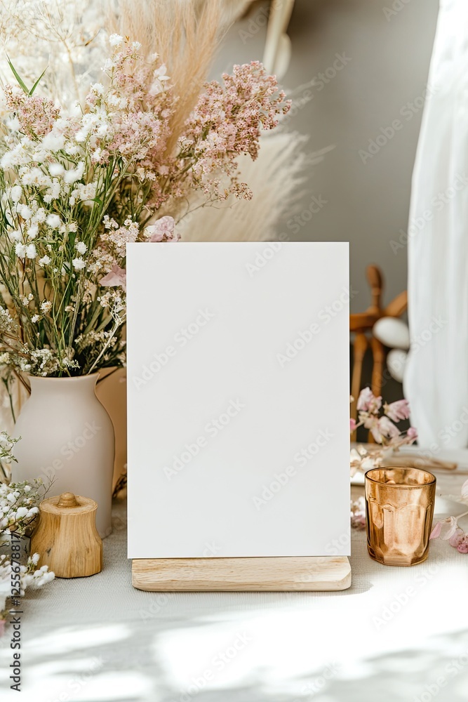 Poster minimalistic display featuring blank canvas surrounded by delica