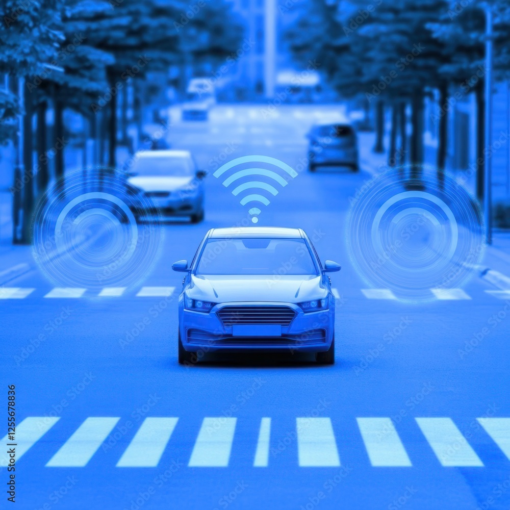 Poster modern vehicle showcasing advanced technology in an urban environment with wireless signals and smar