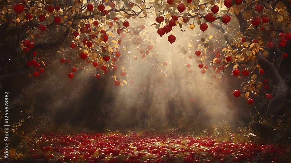 Poster A serene forest scene with sunlight filtering through trees, illuminating vibrant red apples and a carpet of fallen leaves.