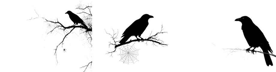 A modern Halloween-themed scene featuring a black raven on bare tree branches with a spider web in the background, set in an open space