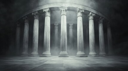 Mysterious Ancient Stone Columns Surrounded by Fog in a Dark Atmospheric Setting