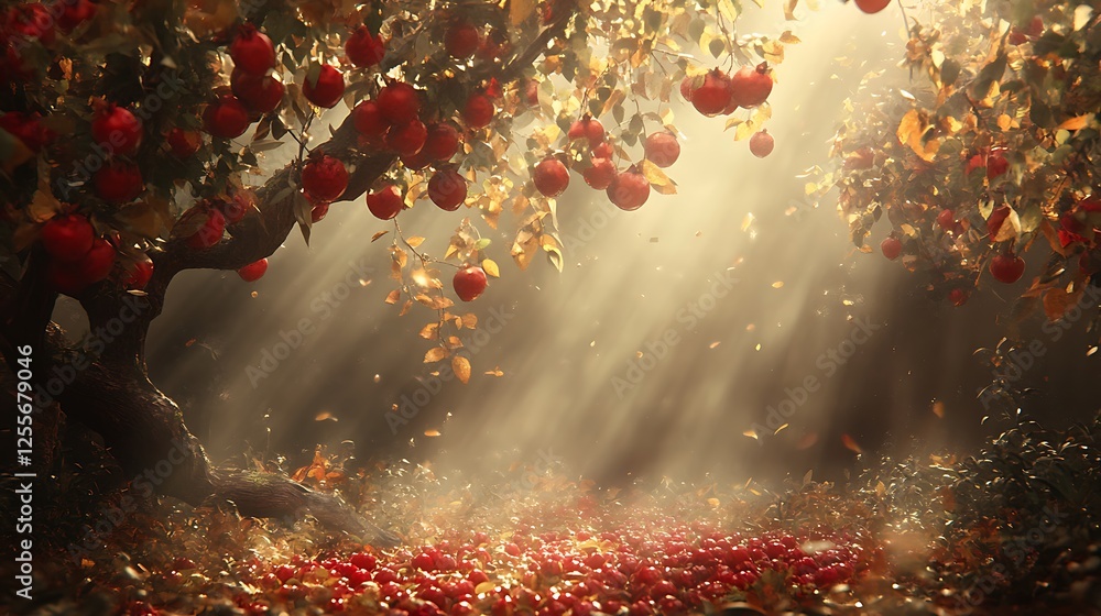 Poster a serene, sunlit orchard with vibrant red apples hanging from branches, casting a warm glow over a c