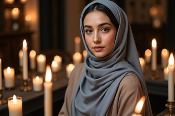 Serene Young Woman in Grey Hijab Candlelit Atmosphere Portrait