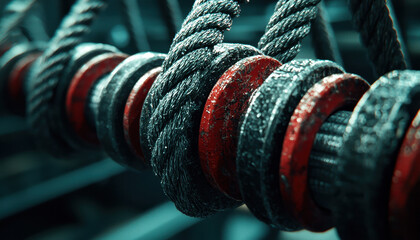 Closeup of intricate pulley systems showcasing motion and detail