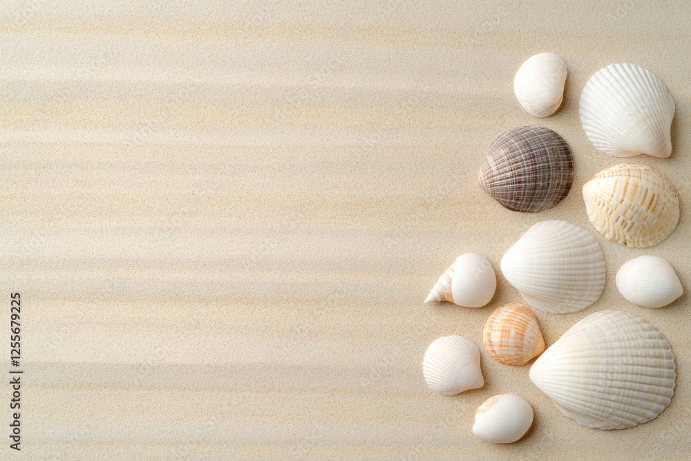 Poster natural seashells arranged on smooth surface create calming beac