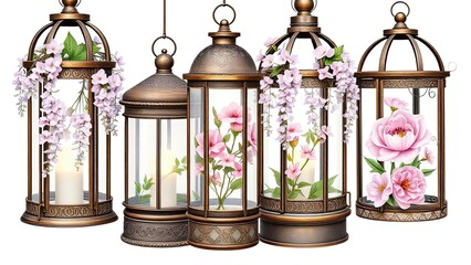 Obraz premium Elegant Bronze Lanterns with Pink Flowers Candles Home Decor