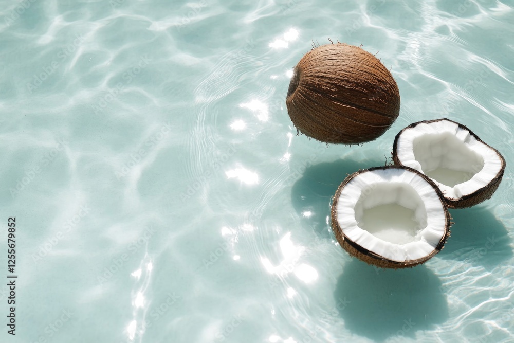 Poster coconuts floating in crystal-clear water create refreshing tropi