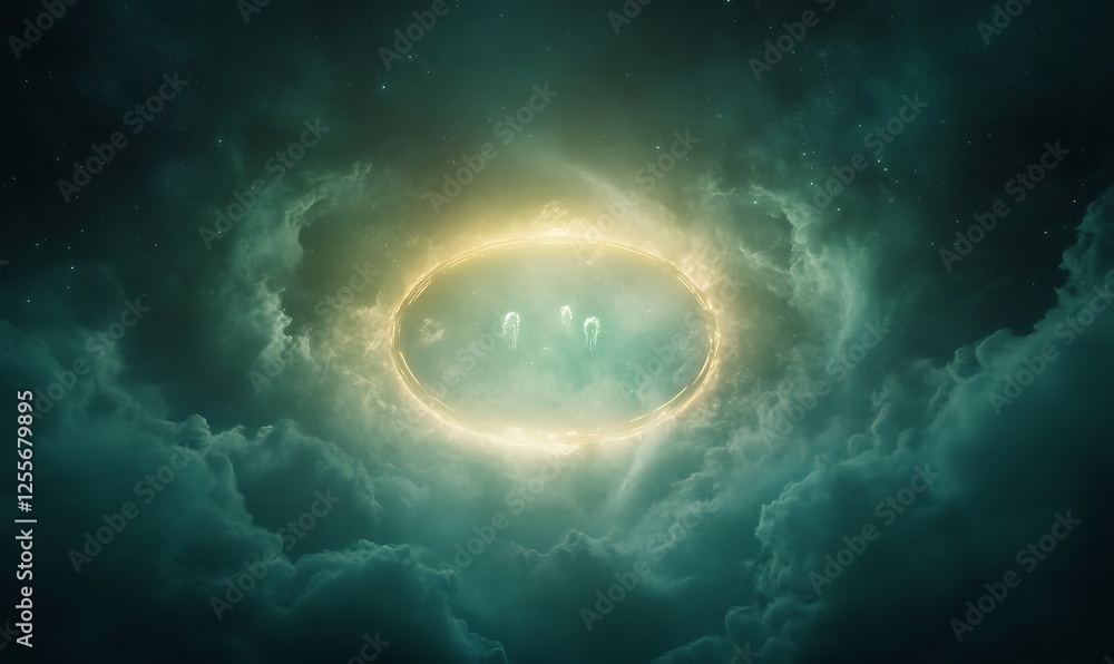 Poster A cosmic scene featuring a glowing ring amidst ethereal clouds, creating a mystical and otherworldly atmosphere.