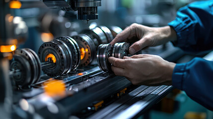 Fototapeta premium Hands adjusting precision pulleys in mechanical workshop, showcasing skill and focus